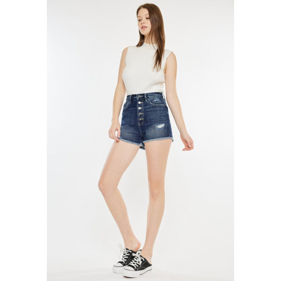 Kancan Raw Hem Button Fly Denim Shorts Apparel and Accessories