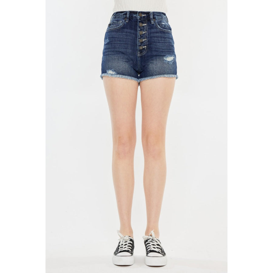 Kancan Raw Hem Button Fly Denim Shorts Apparel and Accessories