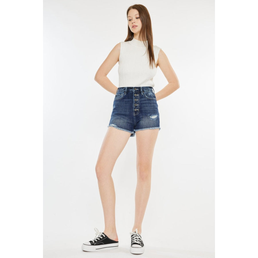 Kancan Raw Hem Button Fly Denim Shorts Dark / S Apparel and Accessories