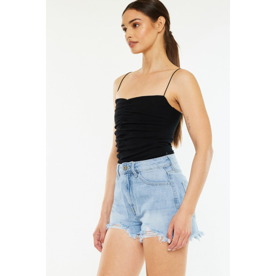 Kancan Raw Hem Distressed High Waist Denim Shorts Apparel and Accessories