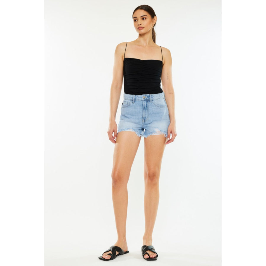 Kancan Raw Hem Distressed High Waist Denim Shorts Apparel and Accessories