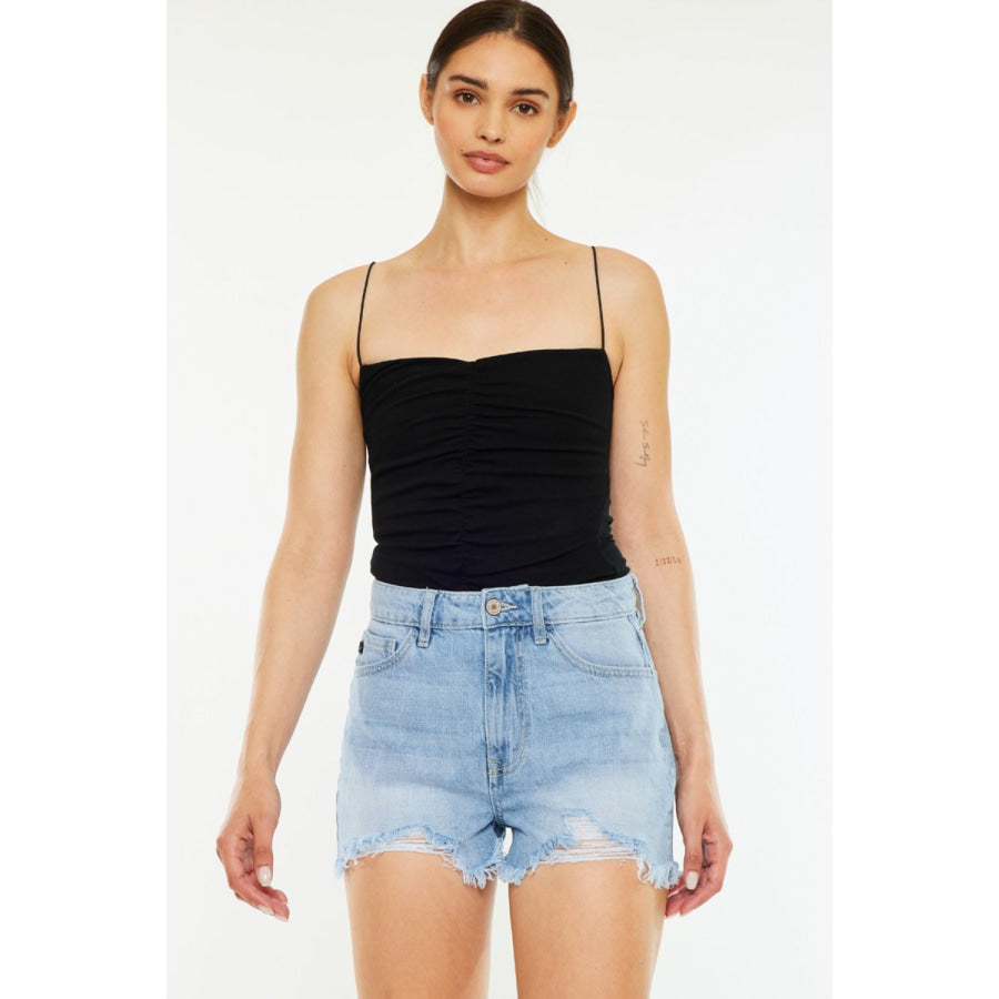 Kancan Raw Hem Distressed High Waist Denim Shorts Apparel and Accessories