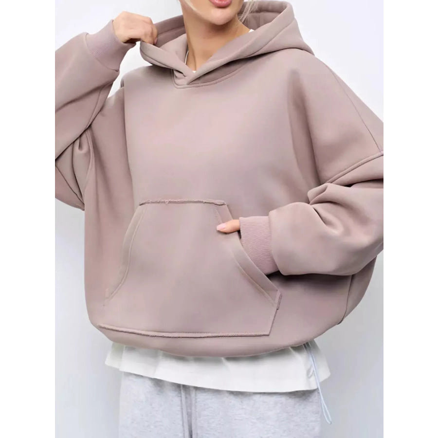 Kangaroo Pocket Dropped Shoulder Hoodie Apricot / S Apparel and Accessories