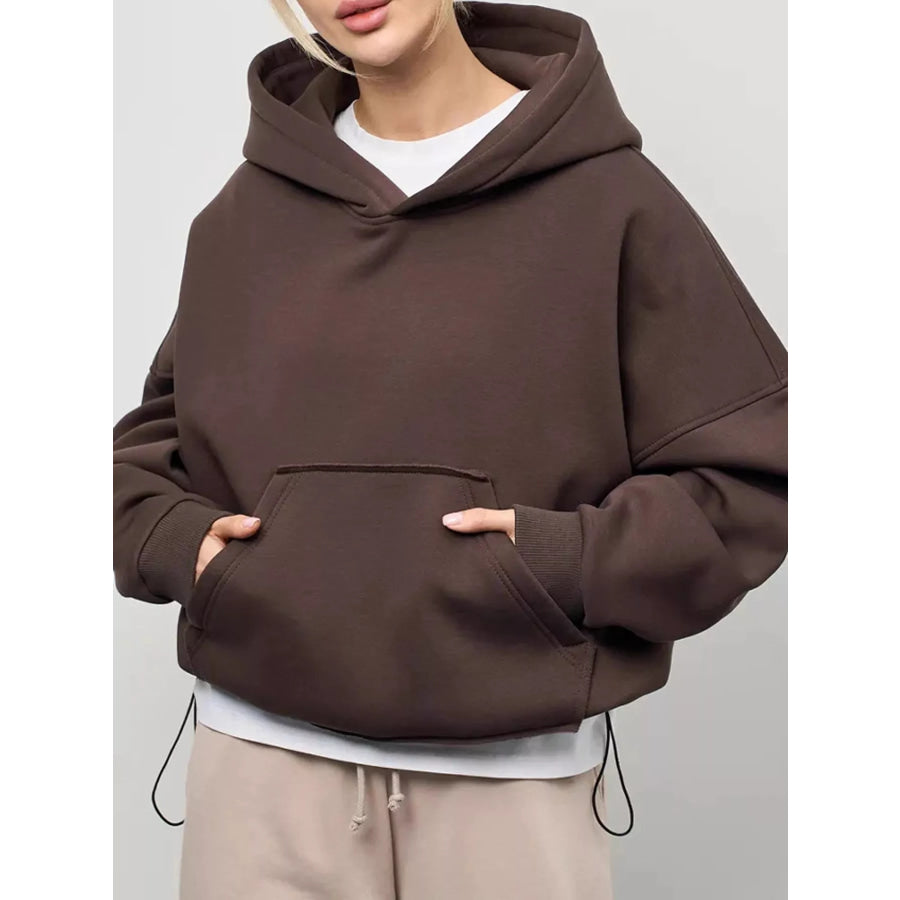 Kangaroo Pocket Dropped Shoulder Hoodie Brown / S Apparel and Accessories