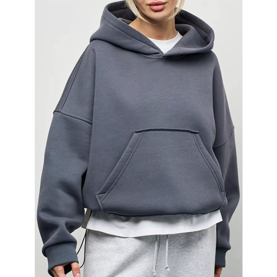 Kangaroo Pocket Dropped Shoulder Hoodie Grey / S Apparel and Accessories