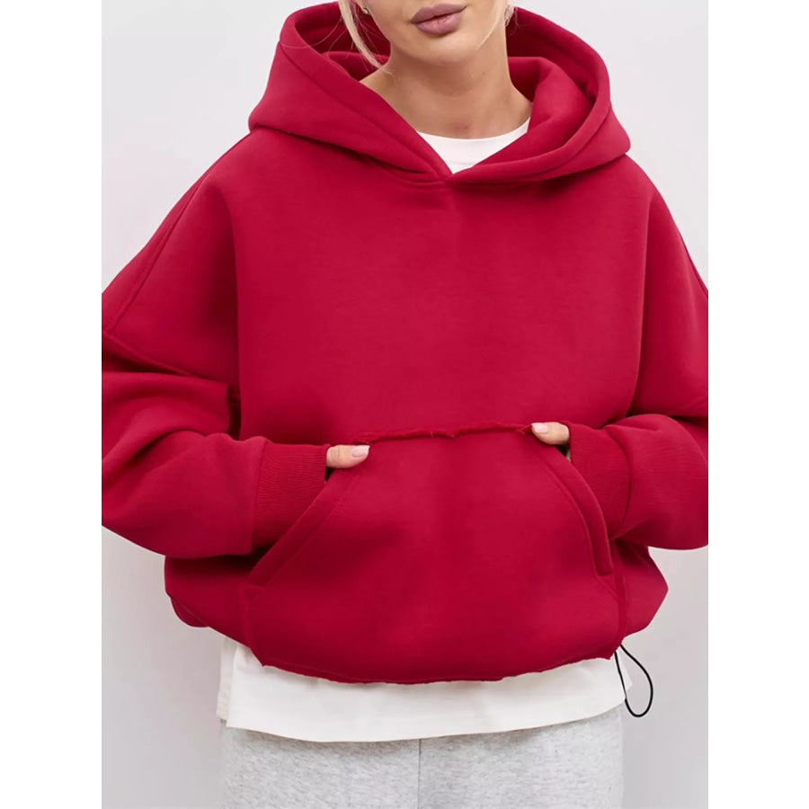 Kangaroo Pocket Dropped Shoulder Hoodie Red / S Apparel and Accessories
