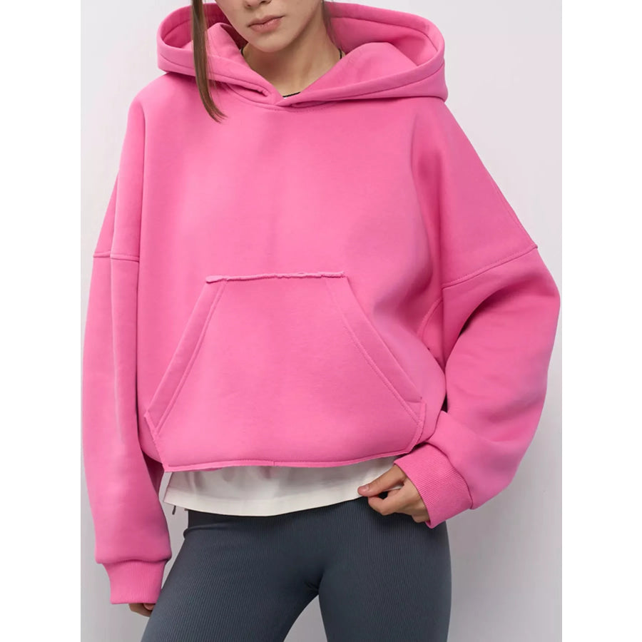 Kangaroo Pocket Dropped Shoulder Hoodie Rose Red / S Apparel and Accessories