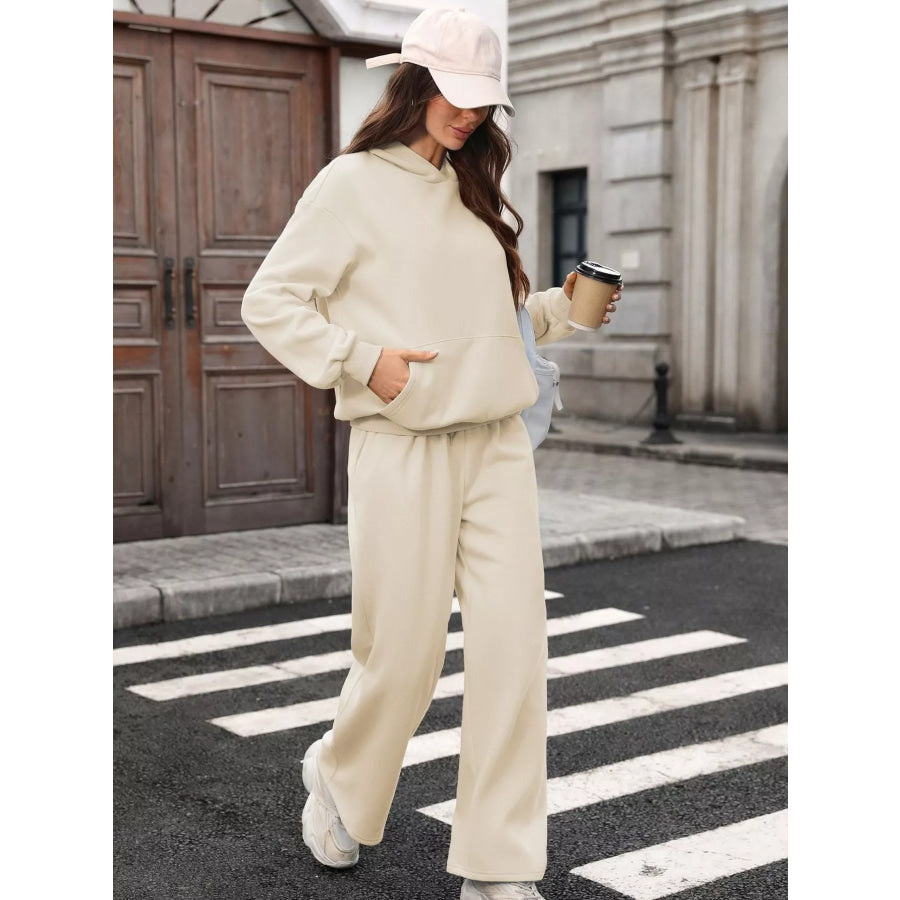 Kangaroo Pocket Hoodie and Wide-Leg Pant Set Apparel and Accessories