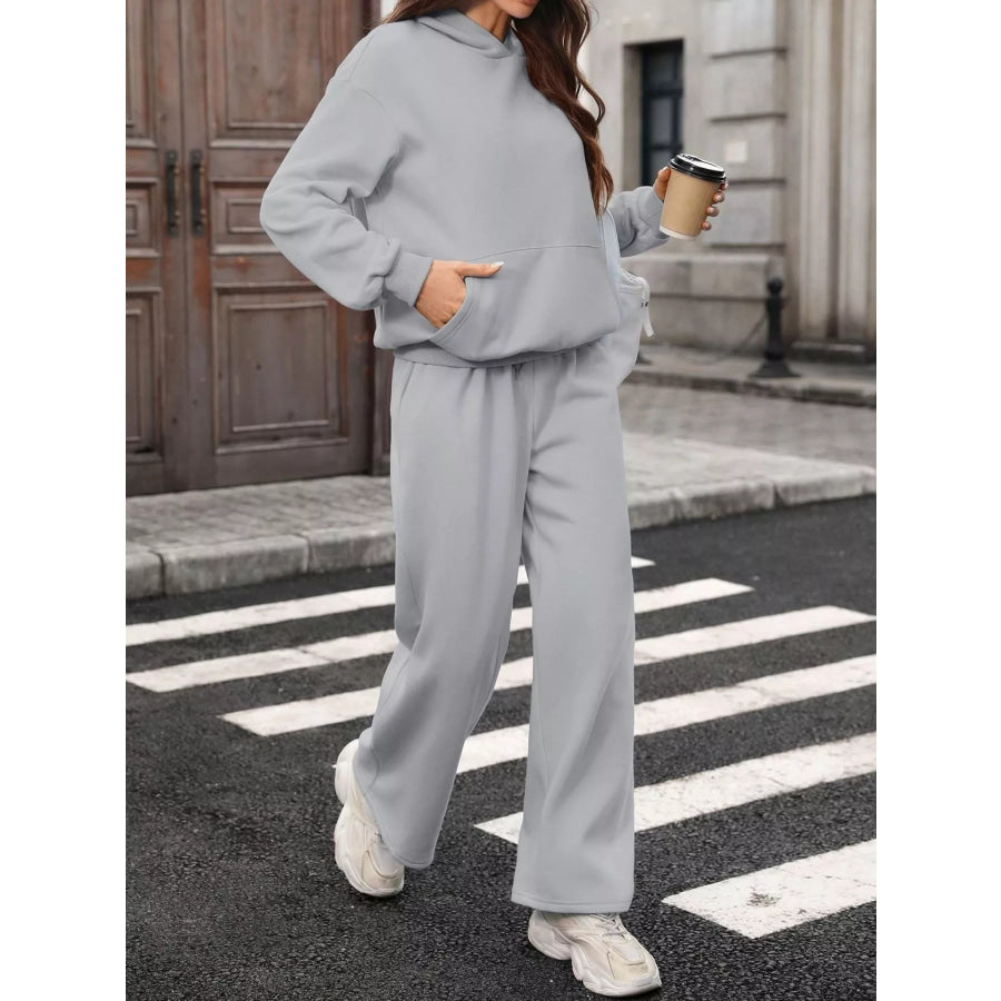 Kangaroo Pocket Hoodie and Wide-Leg Pant Set Apparel and Accessories