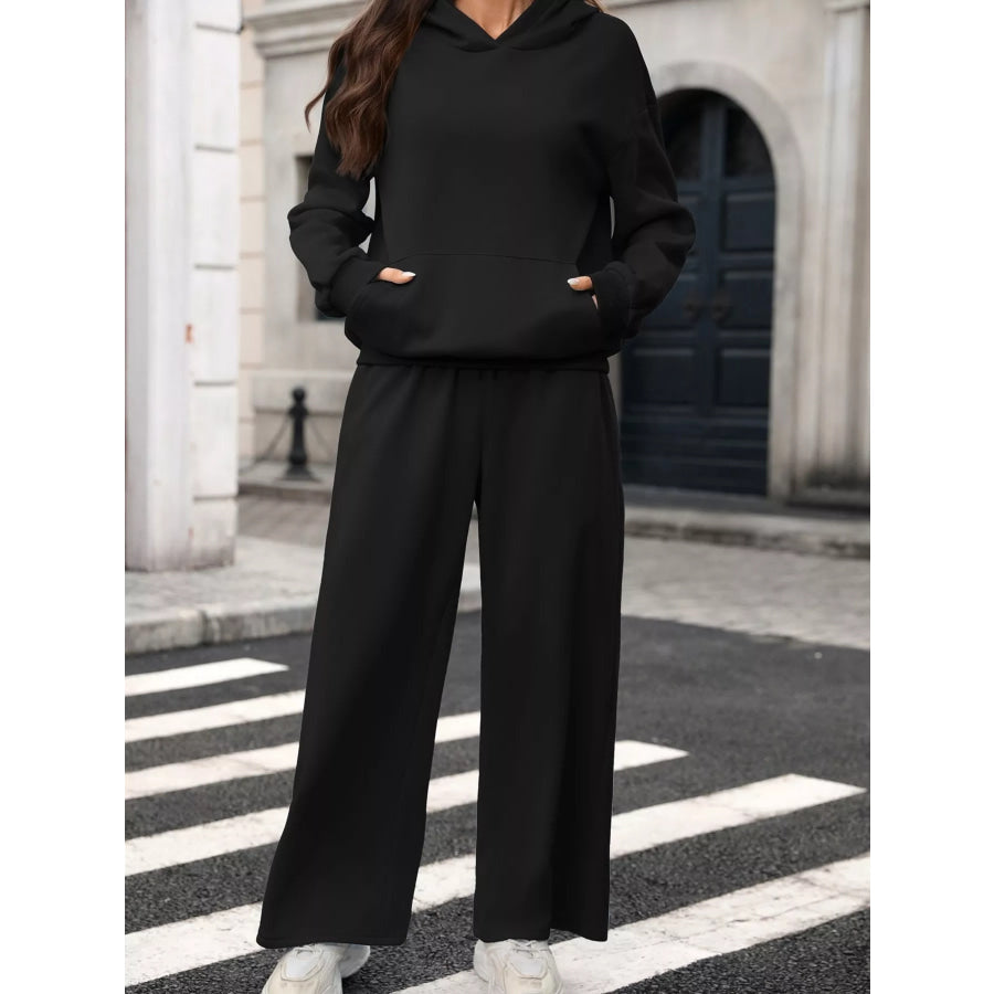 Kangaroo Pocket Hoodie and Wide-Leg Pant Set Apparel and Accessories