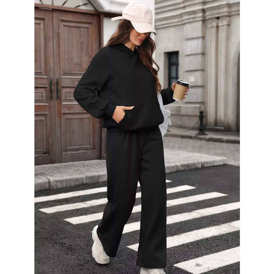 Kangaroo Pocket Hoodie and Wide-Leg Pant Set Apparel and Accessories