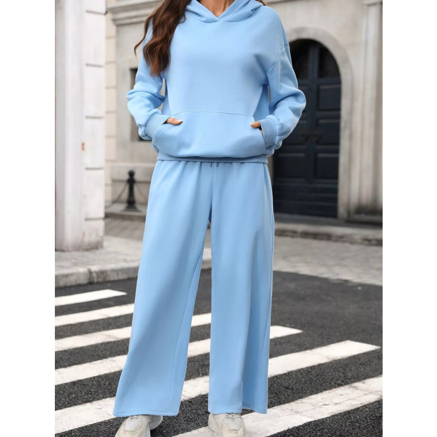 Kangaroo Pocket Hoodie and Wide-Leg Pant Set Apparel and Accessories