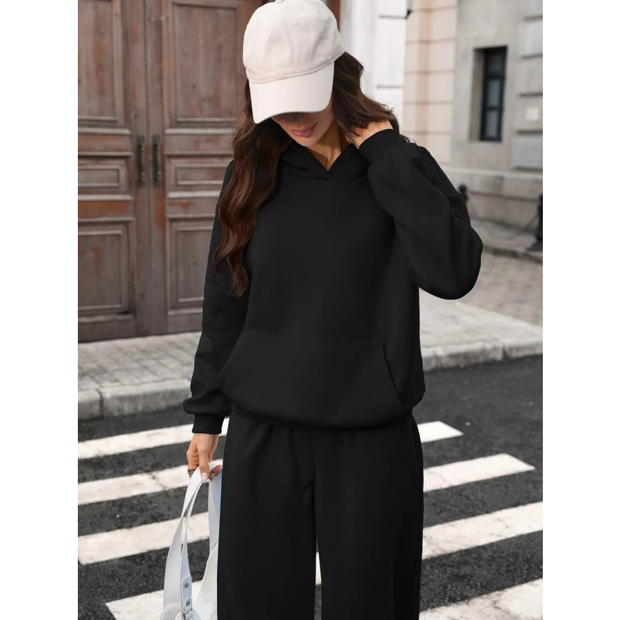 Kangaroo Pocket Hoodie and Wide-Leg Pant Set Apparel and Accessories