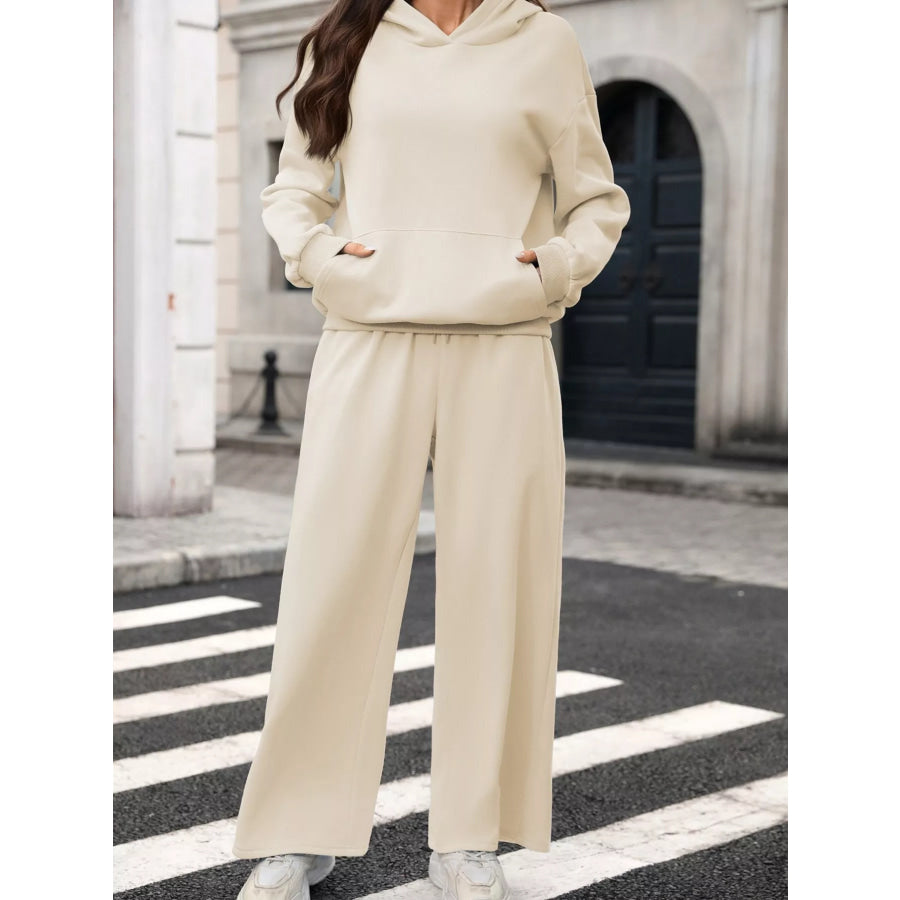 Kangaroo Pocket Hoodie and Wide-Leg Pant Set Beige / S Apparel and Accessories