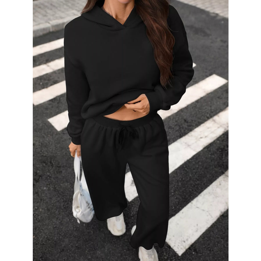 Kangaroo Pocket Hoodie and Wide-Leg Pant Set Black / S Apparel and Accessories