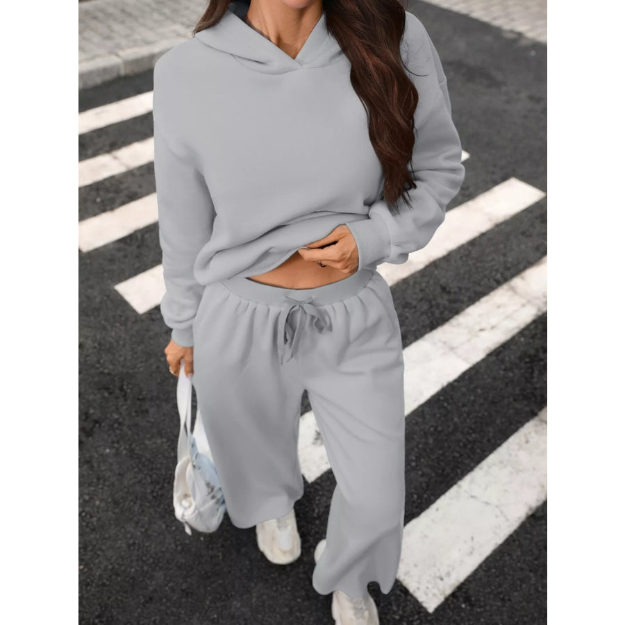 Kangaroo Pocket Hoodie and Wide-Leg Pant Set Gray / S Apparel and Accessories