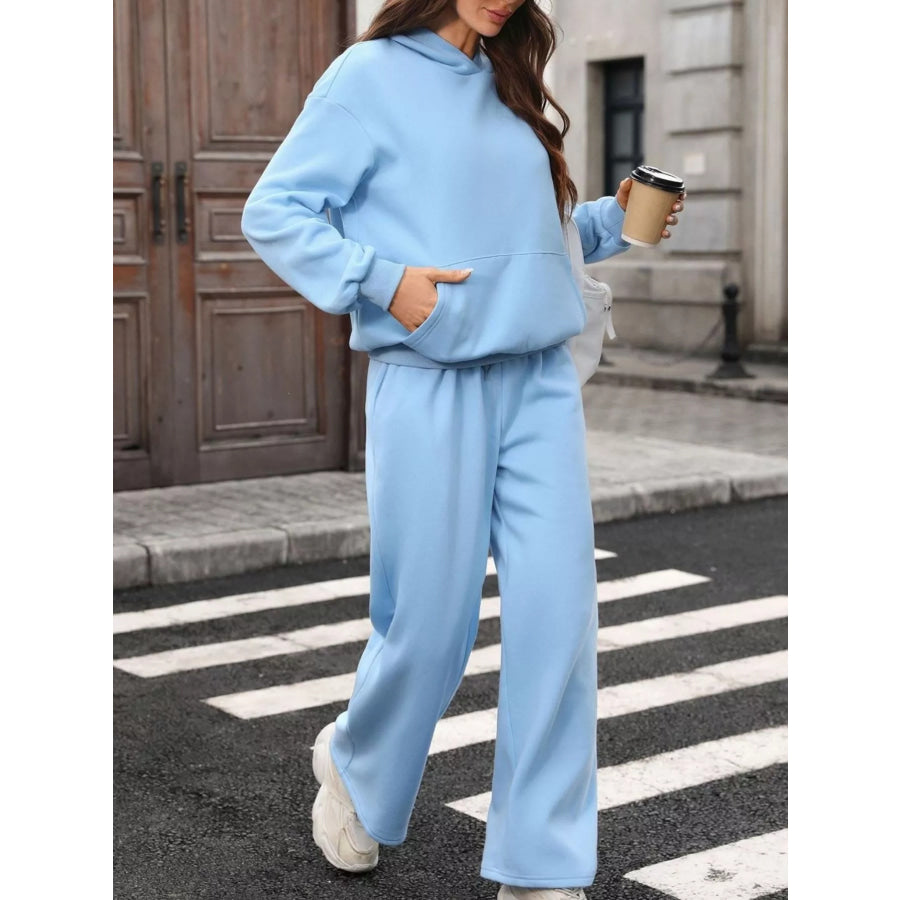 Kangaroo Pocket Hoodie and Wide-Leg Pant Set Sky Blue / S Apparel and Accessories