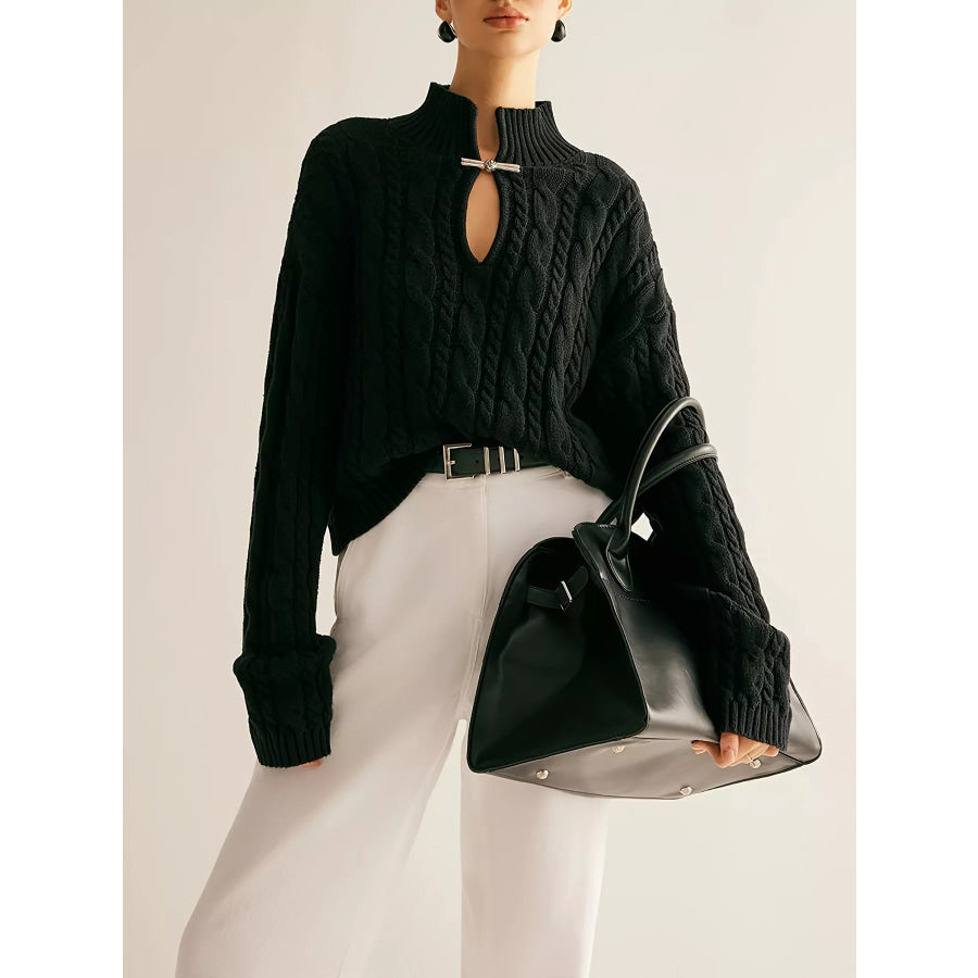 Keyhole Cable-Knit Sweater Black / One Size Apparel and Accessories
