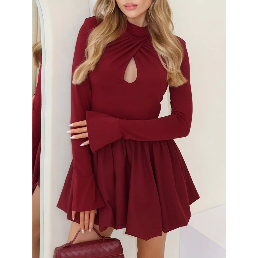 Keyhole Long Sleeve Mini Dress Burgundy / S Apparel and Accessories
