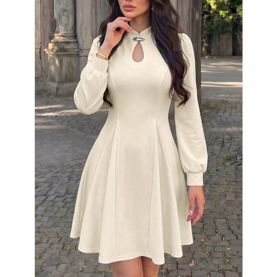 Keyhole Neckline Long Sleeve A-Line Mini Dress Apricot / S Apparel and Accessories