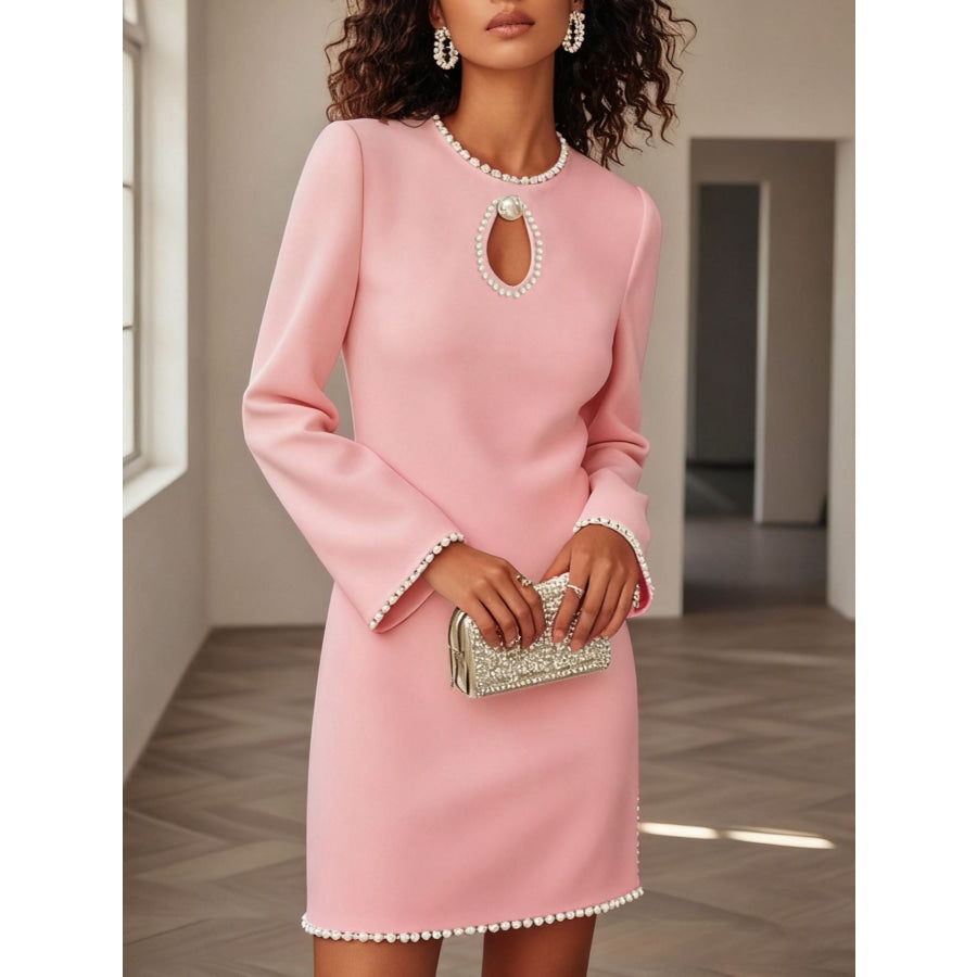 Keyhole Pearl Trim Mini Dress Pink / S Apparel and Accessories
