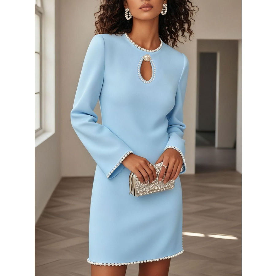 Keyhole Pearl Trim Mini Dress Sky Blue / S Apparel and Accessories
