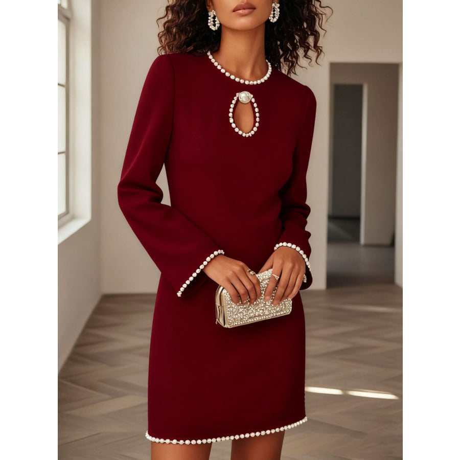 Keyhole Pearl Trim Mini Dress Wine Red / S Apparel and Accessories