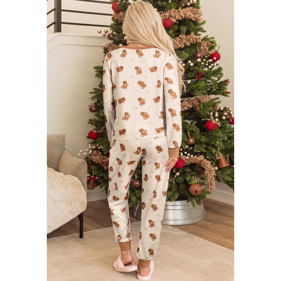 Khaki Abstract Gingerbread Print Colorblock Long Sleeve Two Piece Lounge Set / S / 95% Polyester + 5% Elastane Loungewear &