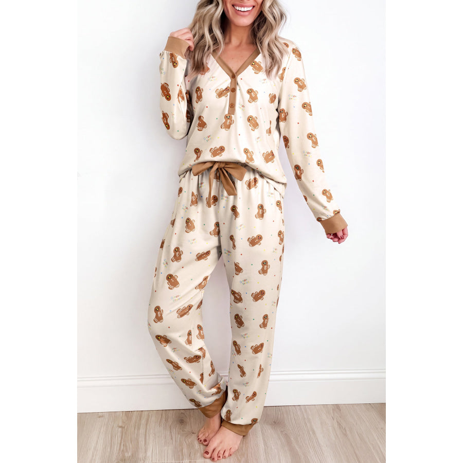 Khaki Abstract Gingerbread Print Colorblock Long Sleeve Two Piece Lounge Set Loungewear & Sleepwear/Loungewear
