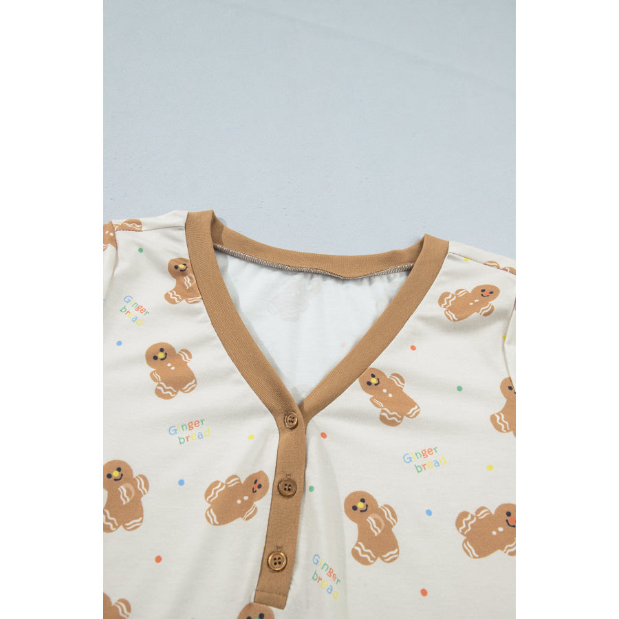 Khaki Abstract Gingerbread Print Colorblock Long Sleeve Two Piece Lounge Set Loungewear & Sleepwear/Loungewear