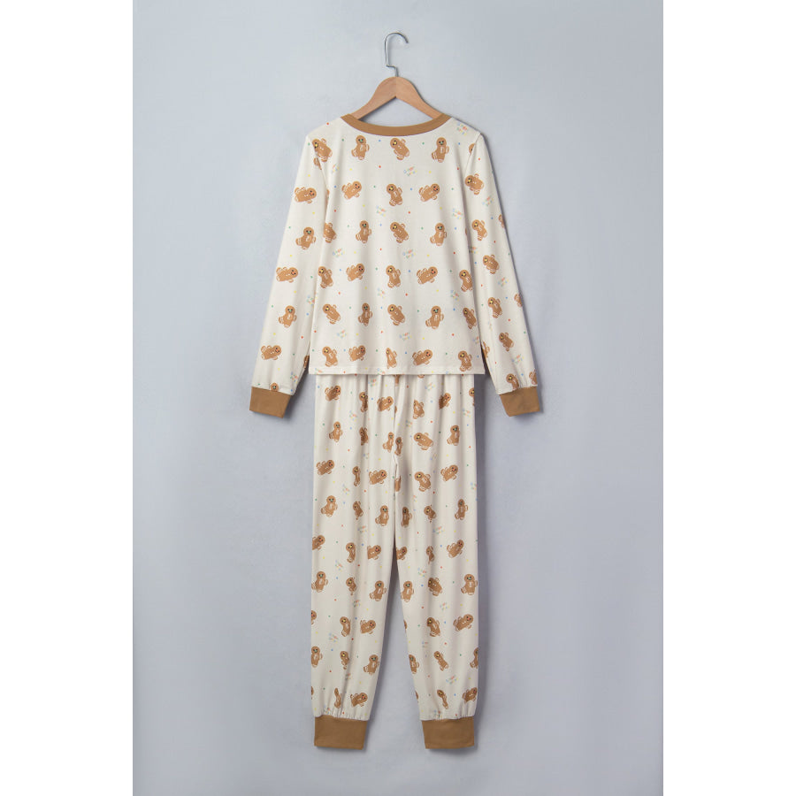 Khaki Abstract Gingerbread Print Colorblock Long Sleeve Two Piece Lounge Set Loungewear & Sleepwear/Loungewear