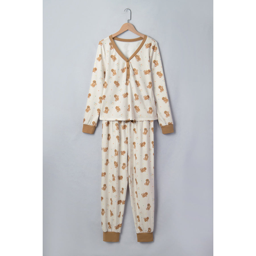 Khaki Abstract Gingerbread Print Colorblock Long Sleeve Two Piece Lounge Set Loungewear & Sleepwear/Loungewear
