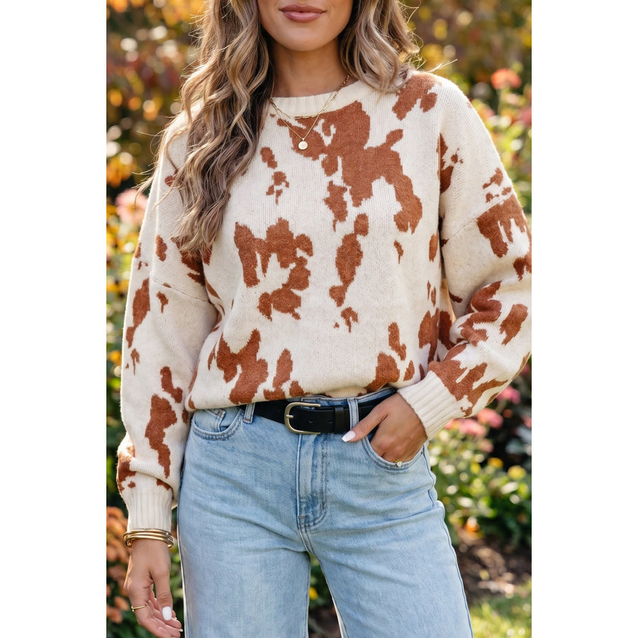Khaki Abstract Print Drop Shoulder Long Sleeve Round Neck Sweater Khaki / S / 52% Viscose + 26% Polyester + 22% Polyamide Sweaters &