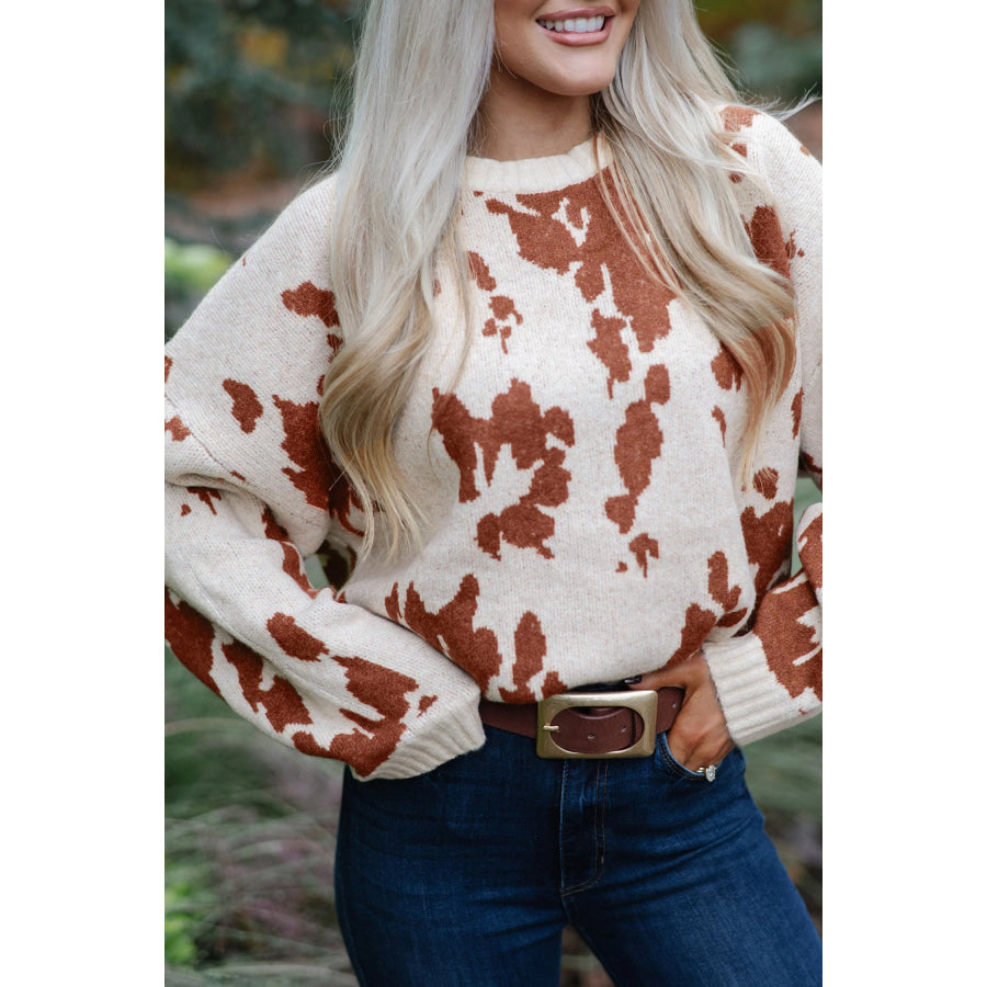 Khaki Abstract Print Drop Shoulder Long Sleeve Round Neck Sweater Sweaters & Cardigans/Sweaters