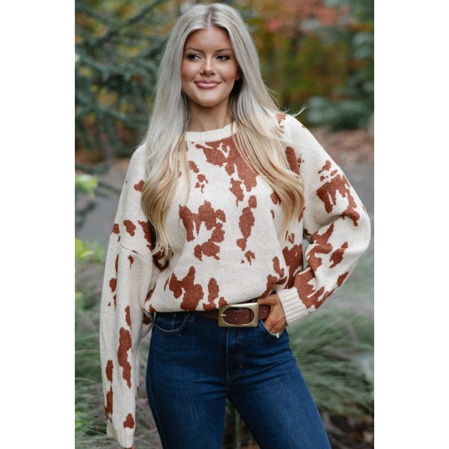 Khaki Abstract Print Drop Shoulder Long Sleeve Round Neck Sweater Sweaters & Cardigans/Sweaters