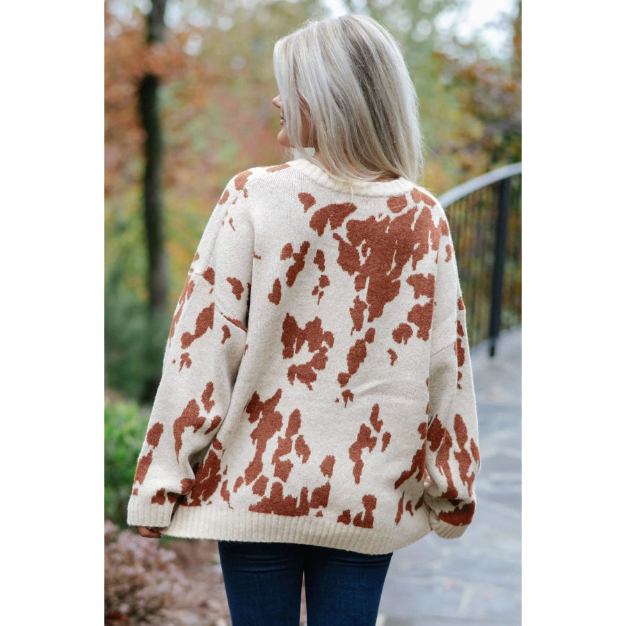 Khaki Abstract Print Drop Shoulder Long Sleeve Round Neck Sweater Sweaters & Cardigans/Sweaters