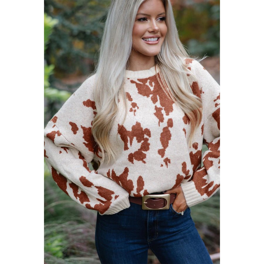 Khaki Abstract Print Drop Shoulder Long Sleeve Round Neck Sweater Sweaters & Cardigans/Sweaters