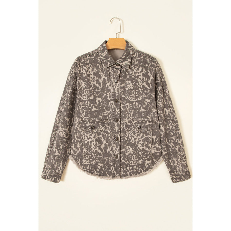 Khaki Abstract Print Long Sleeve Collar Raw Hem Denim Jacket Outerwear/Denim jackets