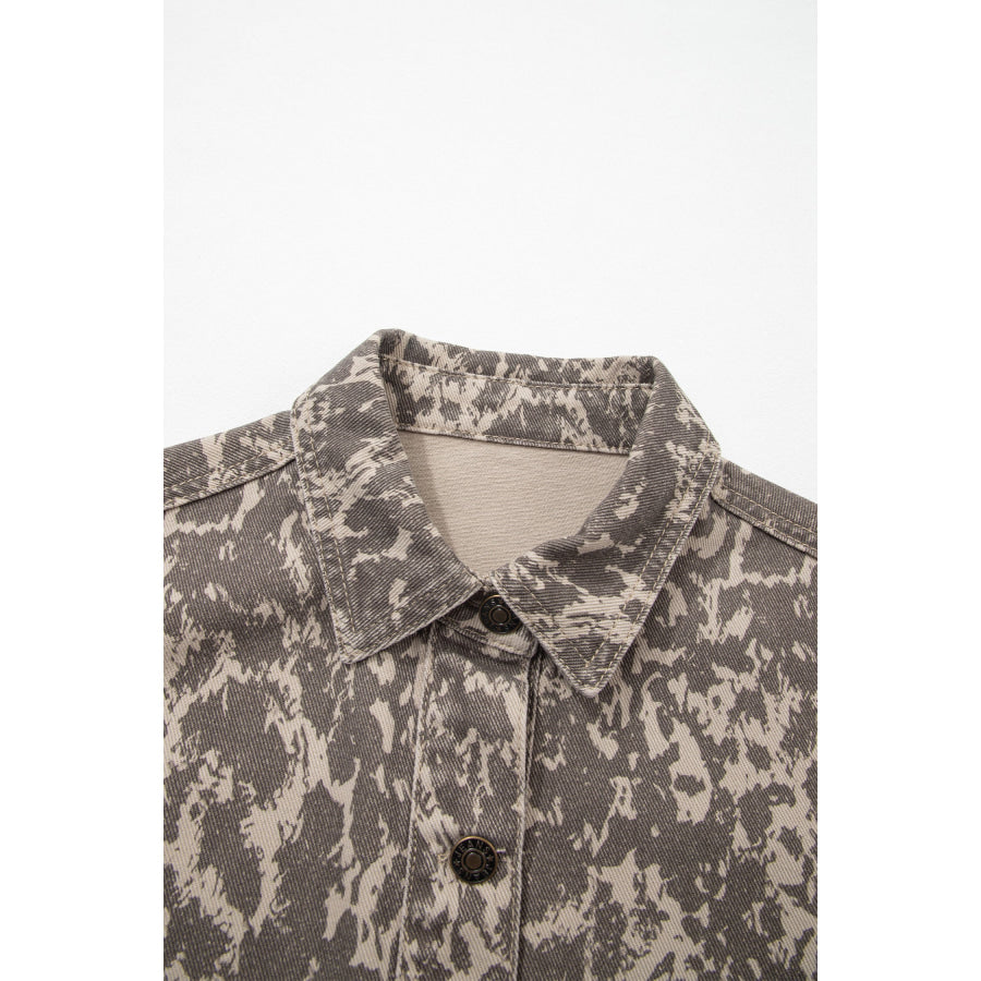 Khaki Abstract Print Long Sleeve Collar Raw Hem Denim Jacket Outerwear/Denim jackets