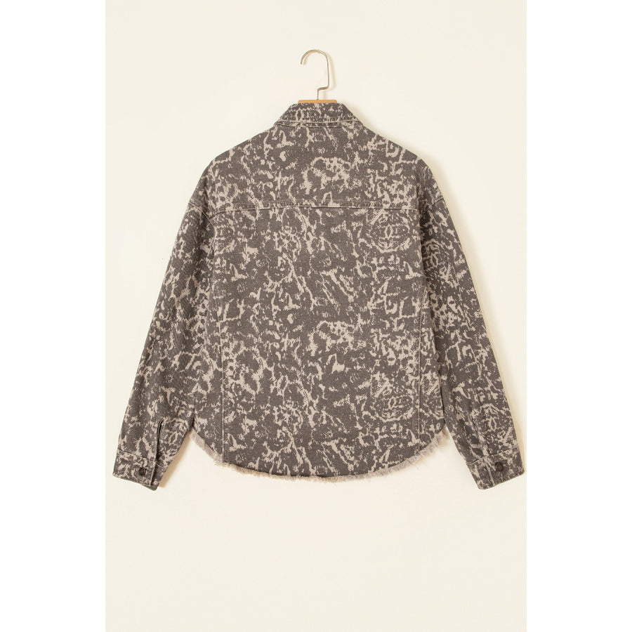 Khaki Abstract Print Long Sleeve Collar Raw Hem Denim Jacket Outerwear/Denim jackets
