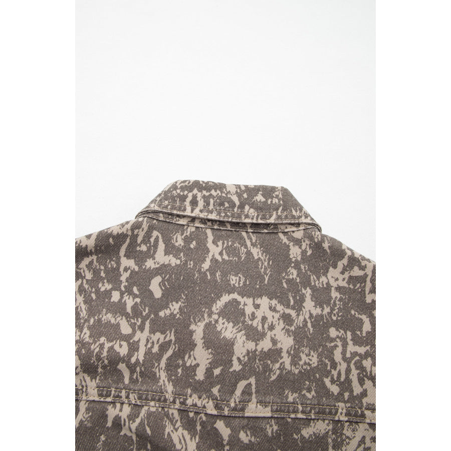 Khaki Abstract Print Long Sleeve Collar Raw Hem Denim Jacket Outerwear/Denim jackets