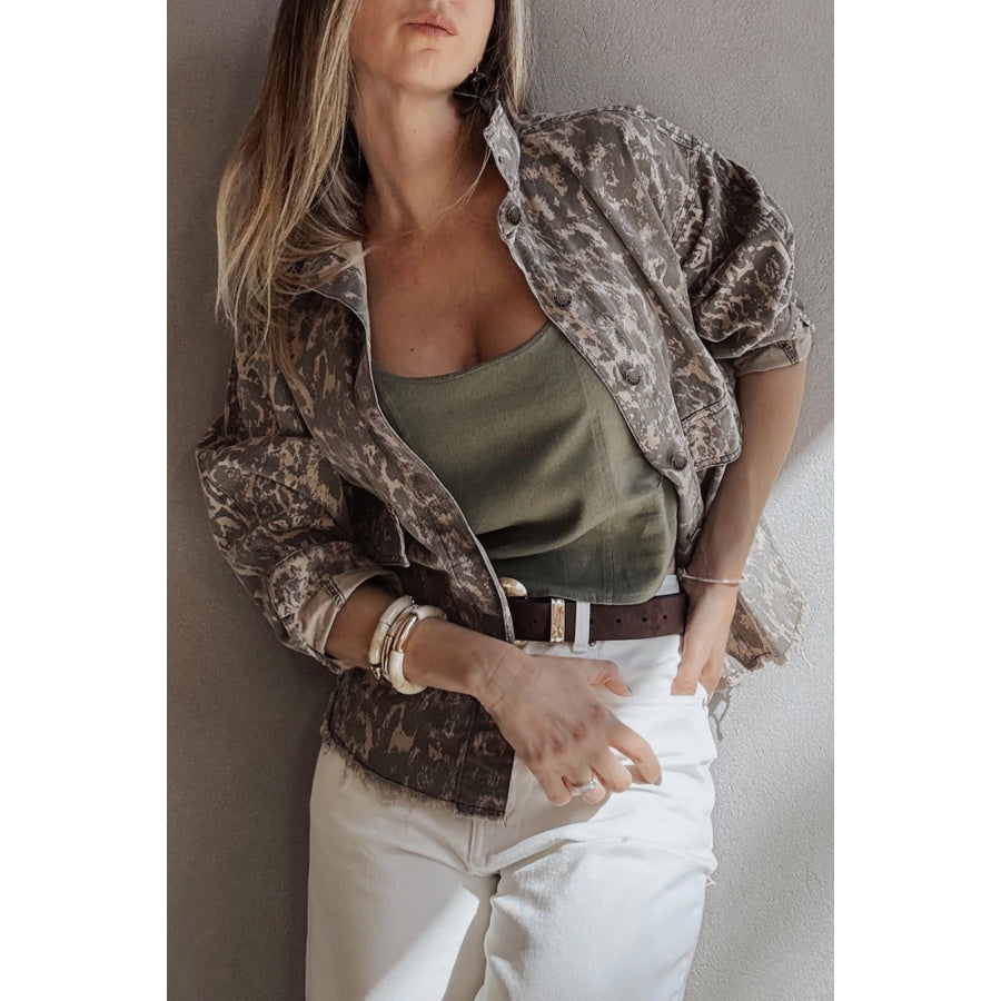 Khaki Abstract Print Long Sleeve Collar Raw Hem Denim Jacket / S / 100% Cotton Outerwear/Denim jackets