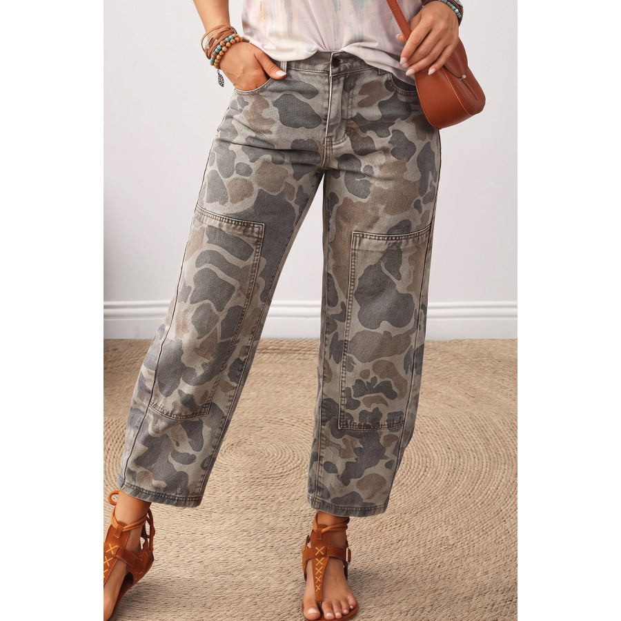 Khaki Camouflage Pattern Patch Detail Casual Jeans / 4 Bottoms/Jeans