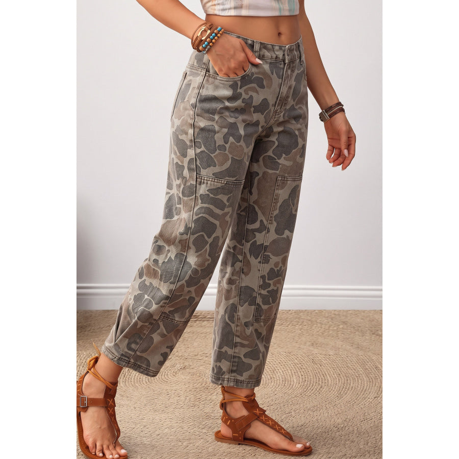 Khaki Camouflage Pattern Patch Detail Casual Jeans Bottoms/Jeans