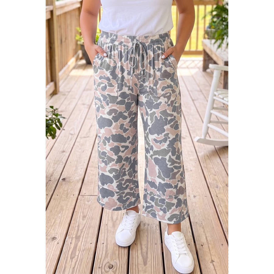 Khaki Camouflage Print Patch Pockets Ankle-Length Plus Size Pants Khaki / 1X / 95% Polyester + 5% Elastane Plus Size/Plus Size Bottoms