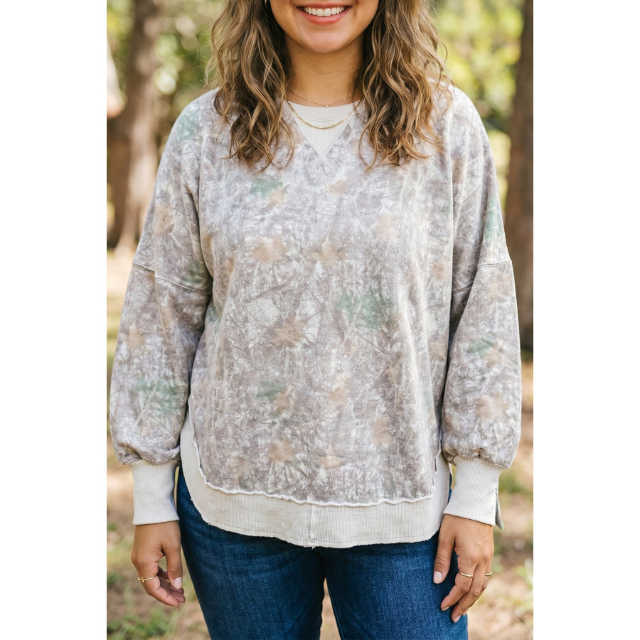 Khaki Camouflage Print Round Neck Long Sleeve Shift Plus Size Sweatshirt Khaki / 1X Plus Size/Plus Size Sweatshirts & Hoodies