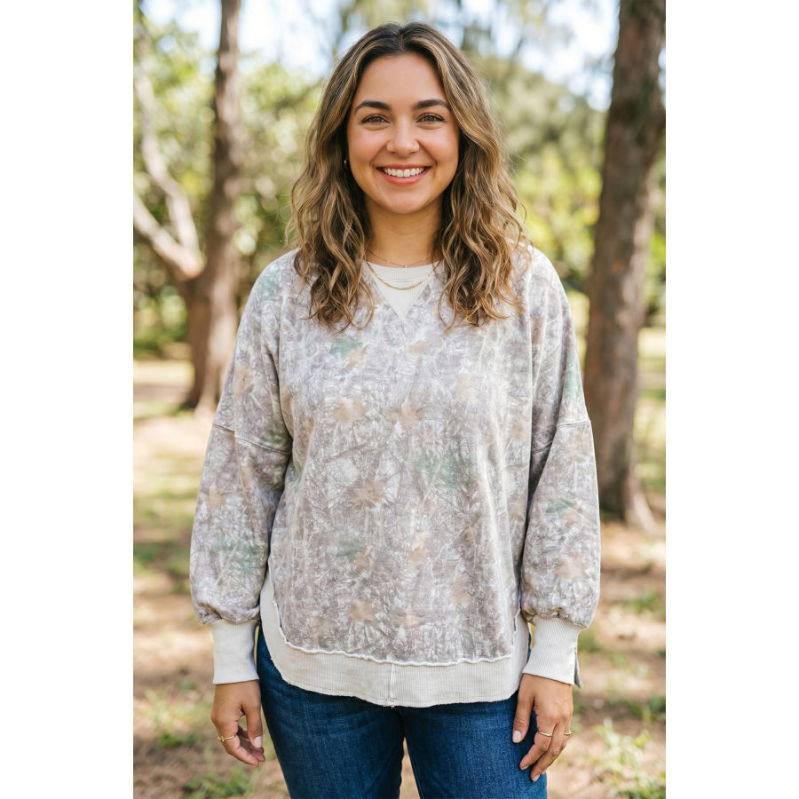 Khaki Camouflage Print Round Neck Long Sleeve Shift Plus Size Sweatshirt Size/Plus Sweatshirts & Hoodies