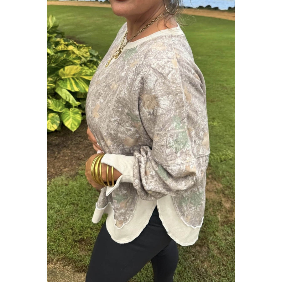 Khaki Camouflage Print Round Neck Long Sleeve Shift Plus Size Sweatshirt Size/Plus Sweatshirts & Hoodies