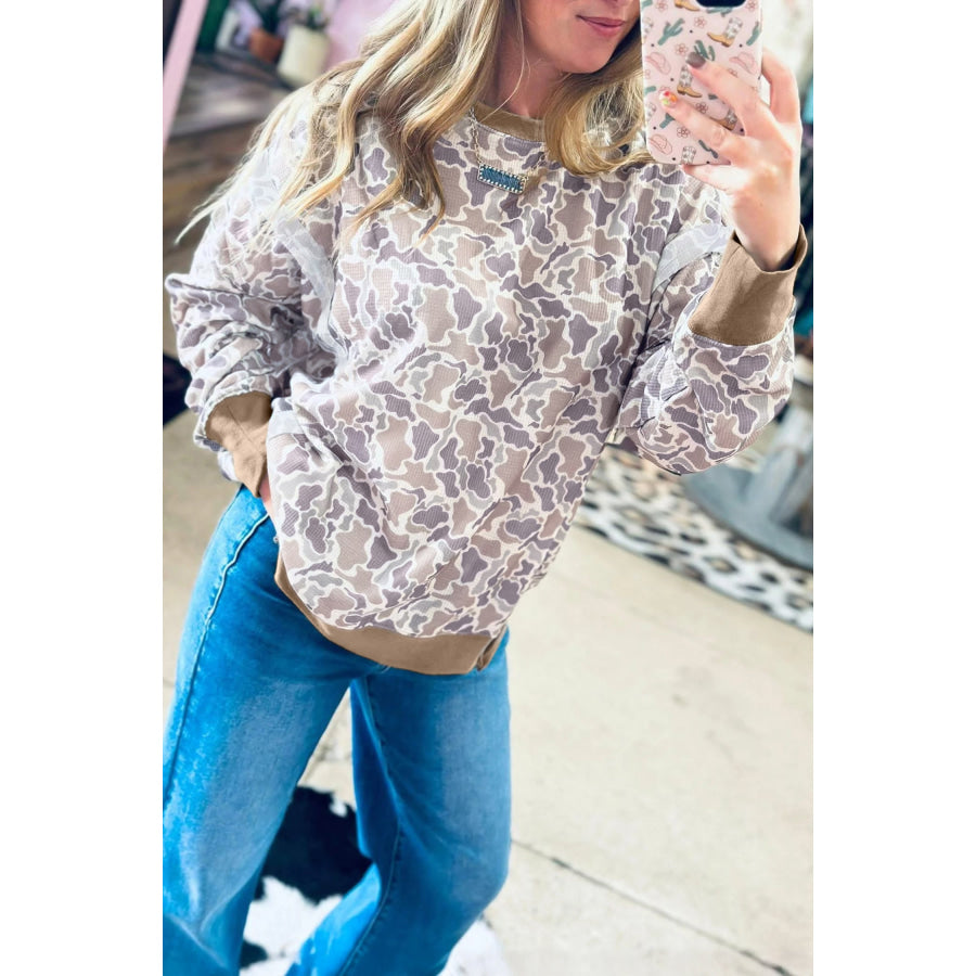 Khaki Camouflage Print Textured Knit Color Block Trim Long Sleeve Top / S / 97% Polyester + 3% Elastane Tops/Long Tops