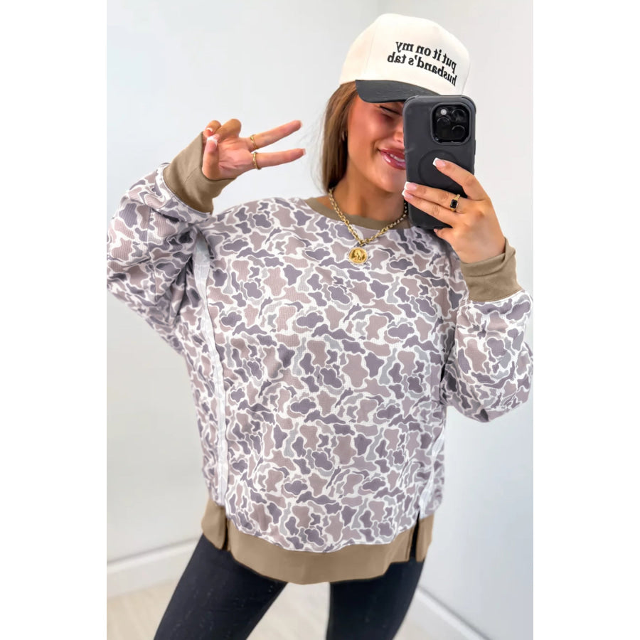 Khaki Camouflage Print Textured Knit Color Block Trim Long Sleeve Top Tops/Long Tops